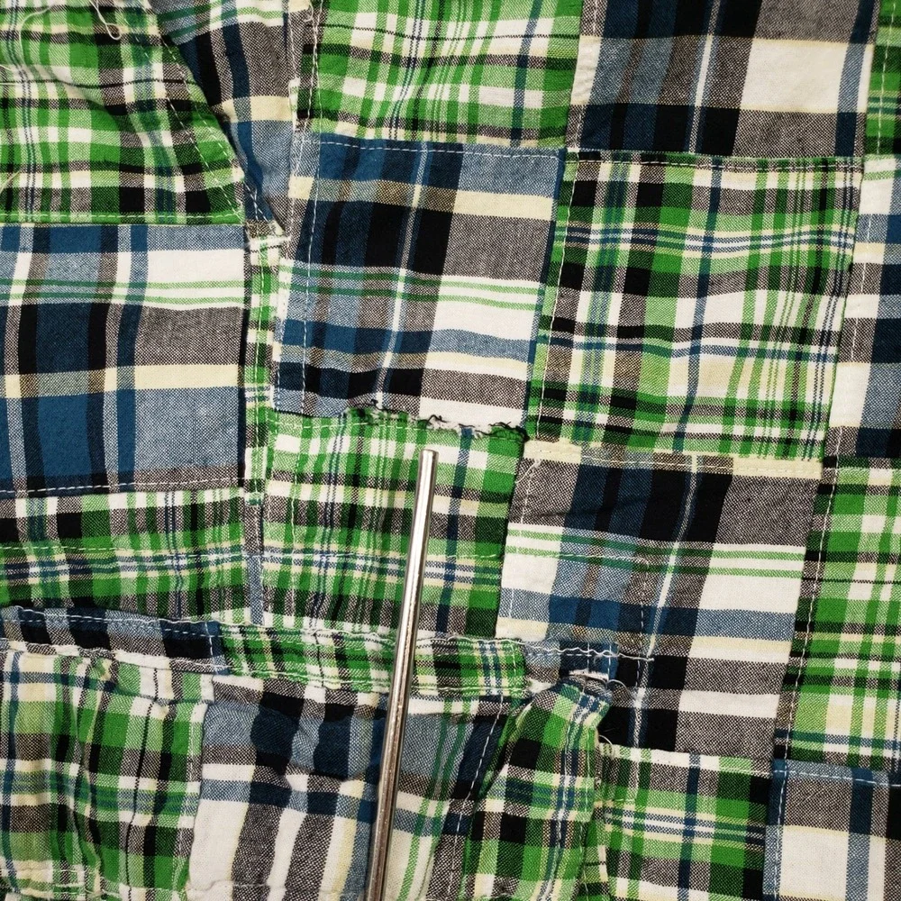 Plugg Cargo Shorts Mens 40 Green Blue Patchwork Plaid Madras Cotton Casual